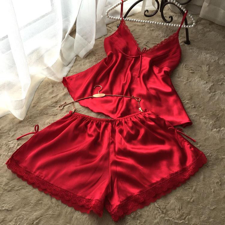 V-Neck rayon silk women's sleepwear spaghetti strap lace sexy pajama set