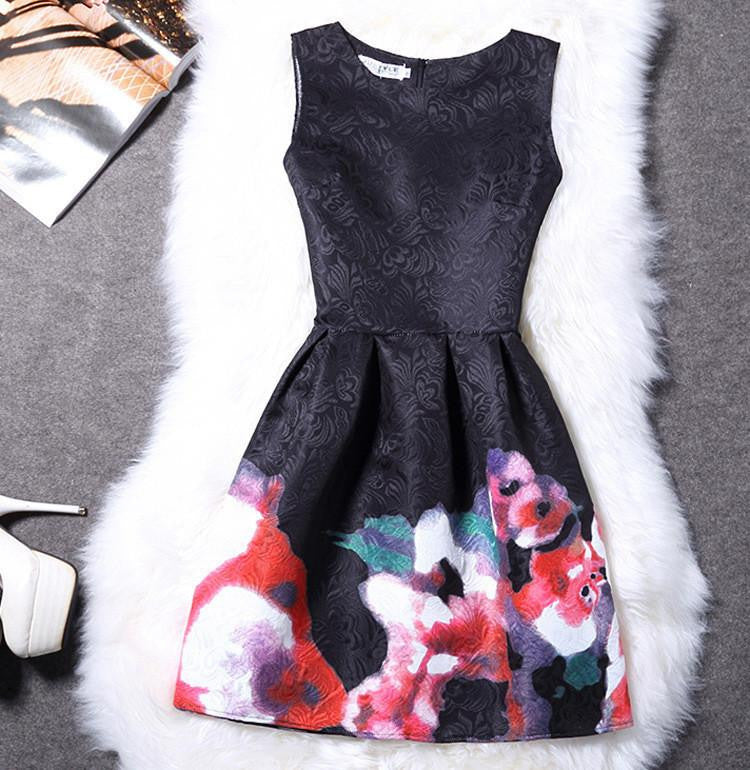 Women Print Floral Vest Dress Sleeveless A Line Party Fashion Dresses Vestido De Festa