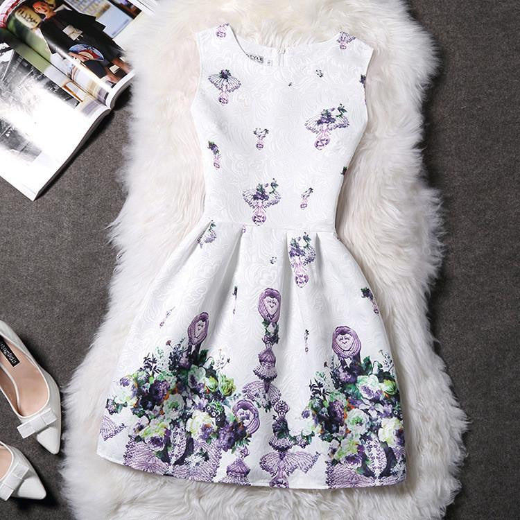 Women Print Floral Vest Dress Sleeveless A Line Party Fashion Dresses Vestido De Festa