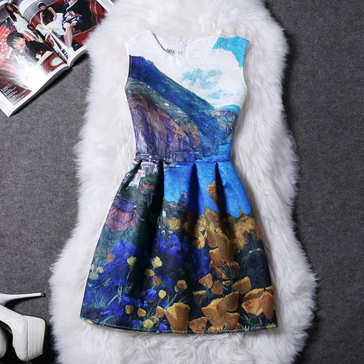 Women Print Floral Vest Dress Sleeveless A Line Party Fashion Dresses Vestido De Festa