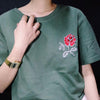 Army Green Embroidered Flower Rose Halajaku Casual Short Sleeve Female T-shirt