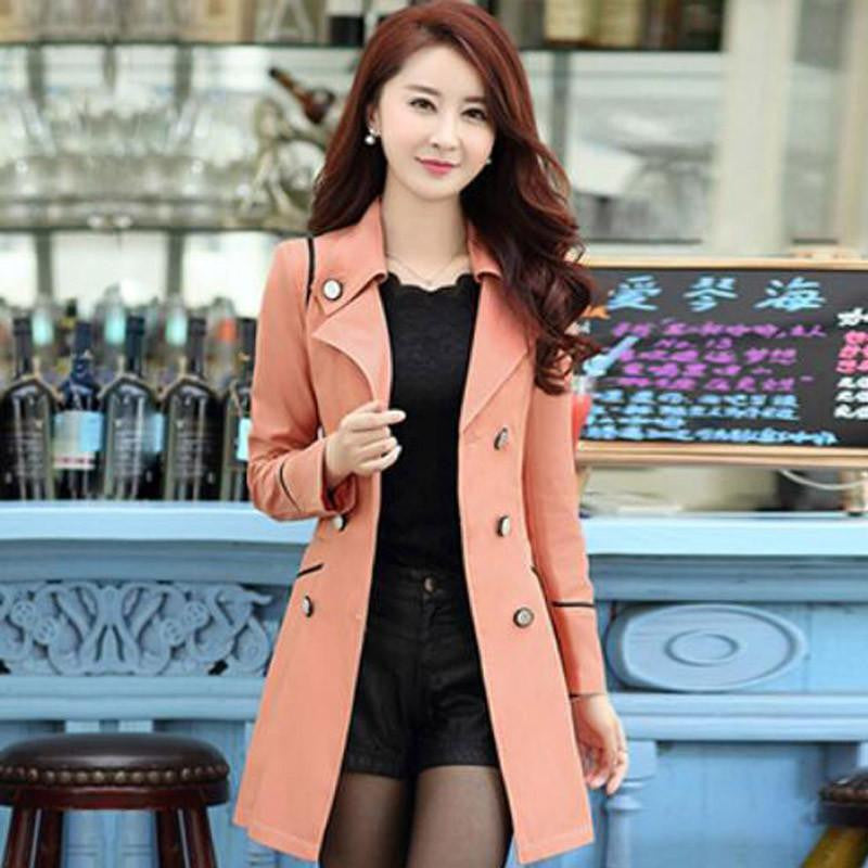 Women Fashion Turn-down Collar Double Breasted Candy Color Long Coats Plus Size Trench BN991
