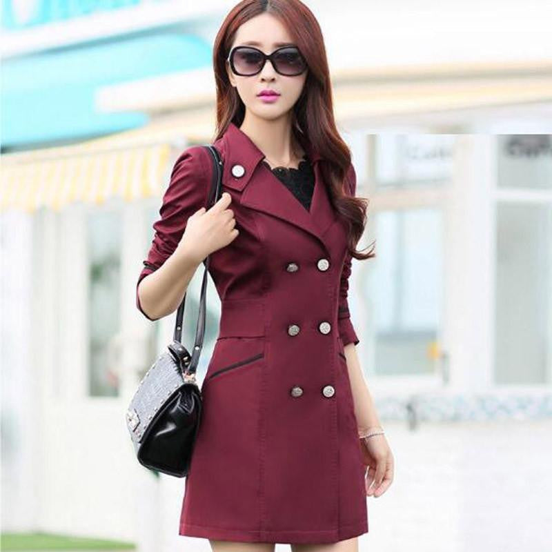 Women Fashion Turn-down Collar Double Breasted Candy Color Long Coats Plus Size Trench BN991