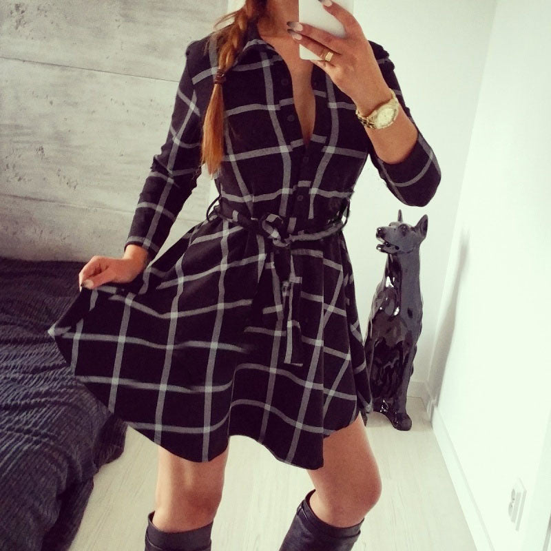 Online discount shop Australia - Explosions Leisure Vintage Dresses Autumn Fall Women Plaid Check Print Spring Casual Shirt Dress Mini Q0035