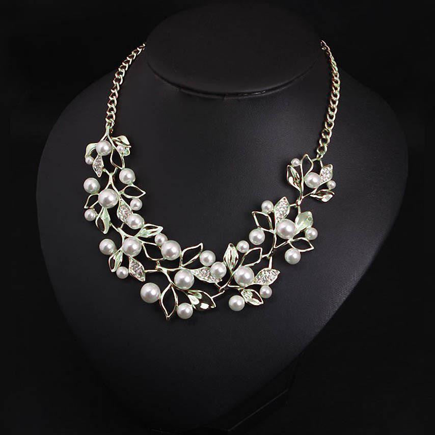 Simulated Pearl Necklaces & Pendants Gold Plated Leaves Statement Necklace Women Collares Ethnic Jewelry for Personalized Gifts