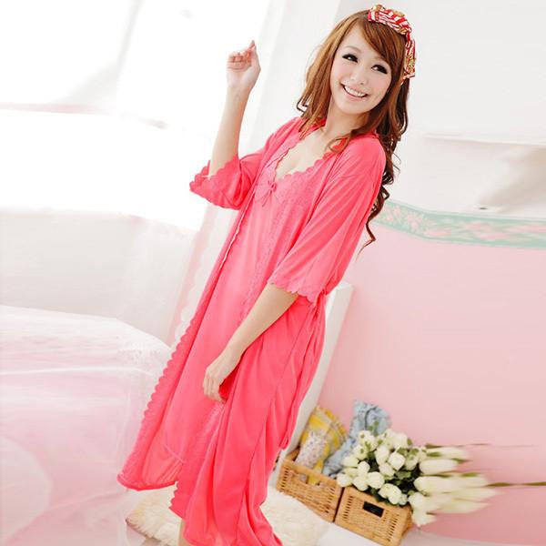 Women Sling Lingerie Sleepwear 2pcs sleep Dress Silk Robe Nightgown Nightdress