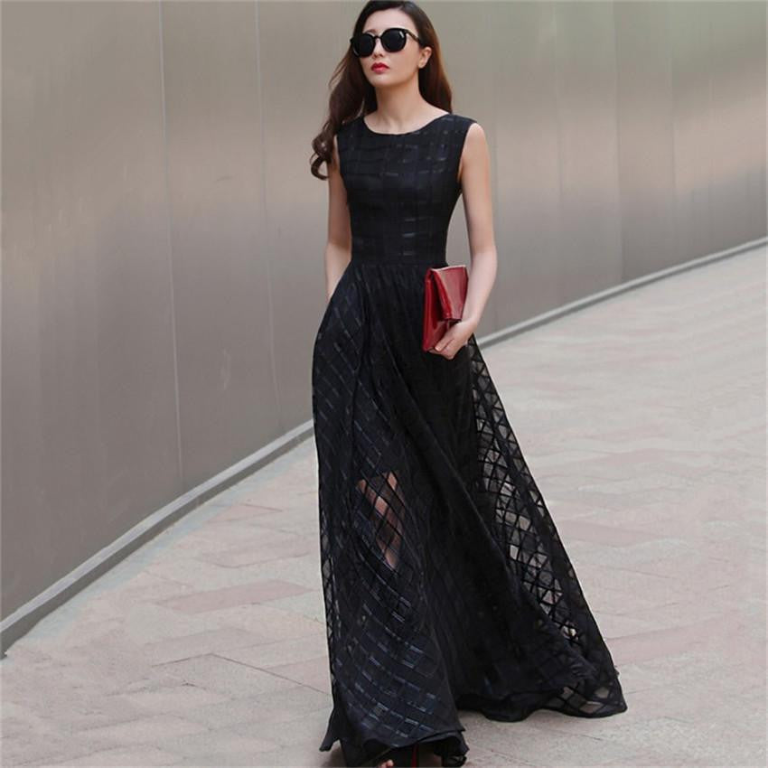 Women Summer Dress Elegant Ladies Vintage Black Organza Sleeveless Long Beach Maxi Dress Sundress Vestidos Femininos