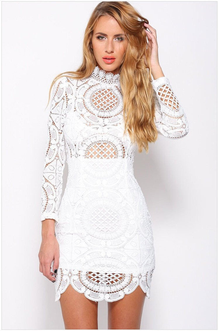 Club Dress White / Black Embroidery Floral Celebrity Bodycon Bandage Dress Long Sleeve Slim Hollow Lace Dress