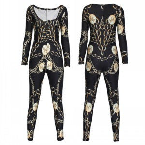 Nicki Minaj Vintage Bodycon Jumpsuit Patchwork Bodysuit for Women Party Romper Chain Print Prom Playsuit Club Jumpsuits