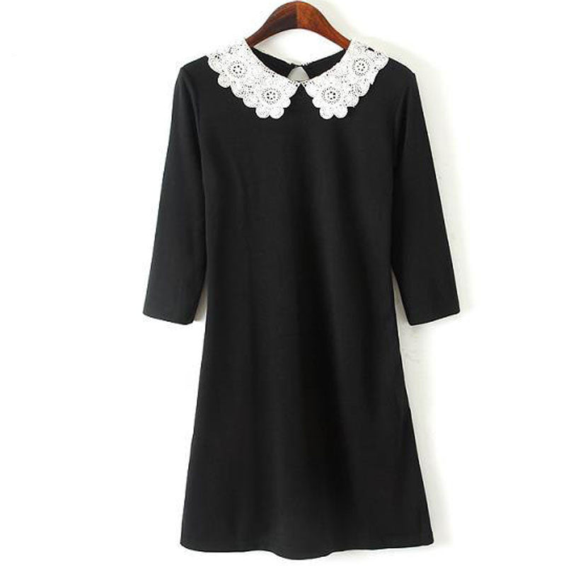 Online discount shop Australia - Ladies Black Dress White Collar Fashion Korean Style Peter Pan Collar Straight Mini Dresses Autumn Patchwork Basic Lace Dress