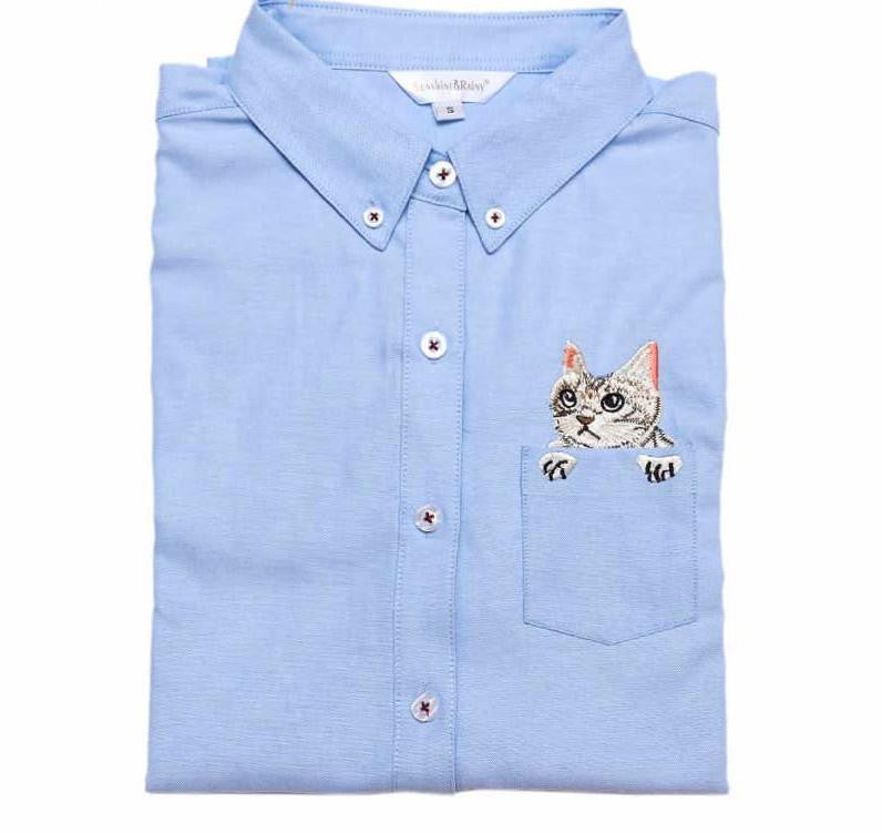 Women Blouse Cats Embroidery Long Sleeve Work Shirts Women office Tops White shirts for business