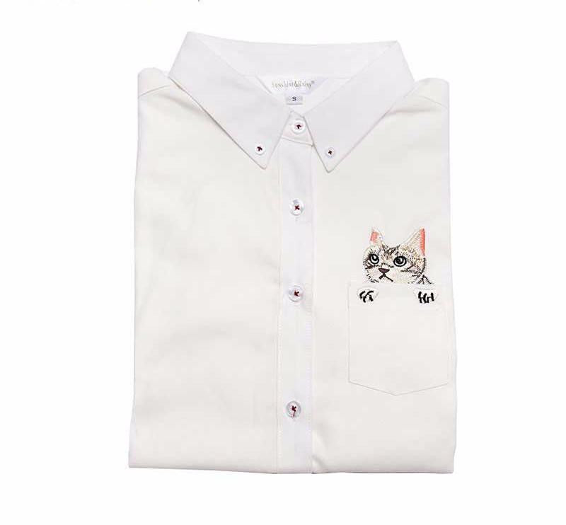 Women Blouse Cats Embroidery Long Sleeve Work Shirts Women office Tops White shirts for business