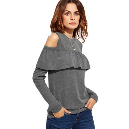 Online discount shop Australia - Fall Fashion T Shirt Women Tops Womens Clothing Grey Cold Shoulder Long Sleeve Ruffle Trim Casual T-shirt