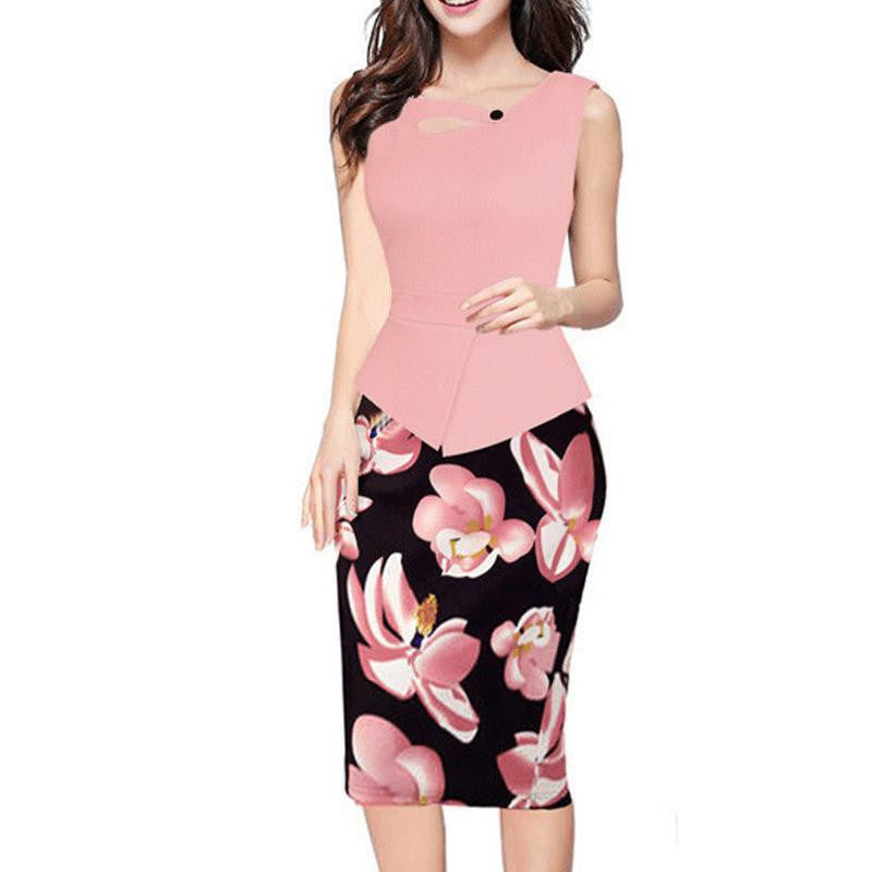 VITIANA Summer Womens Vintage Elegant Clothing Print Floral Patchwork Button Casual Work office Party Bodycon Dress