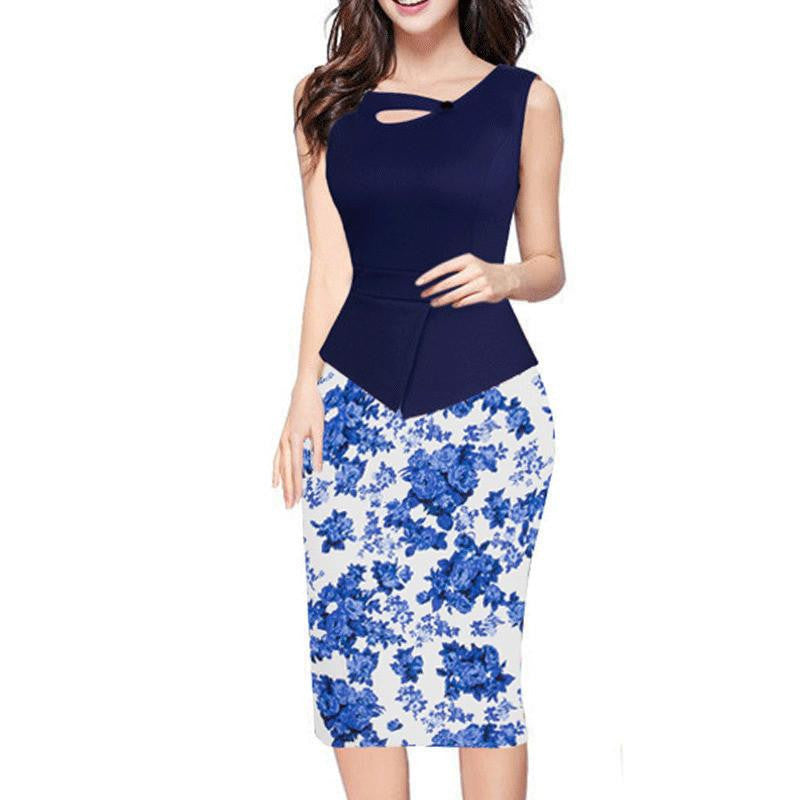 VITIANA Summer Womens Vintage Elegant Clothing Print Floral Patchwork Button Casual Work office Party Bodycon Dress