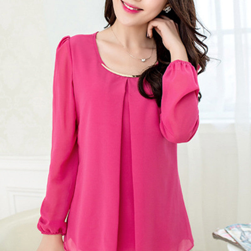 Chiffon Blouse Plus Women Blouses Candy Color Ruffles Long Sleeve Top Shirt