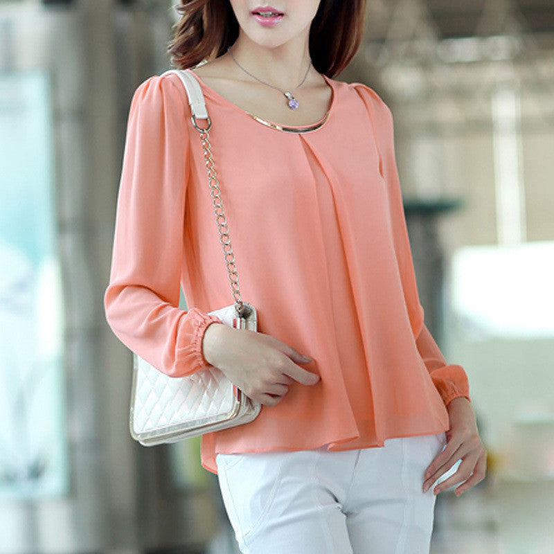 Chiffon Blouse Plus Women Blouses Candy Color Ruffles Long Sleeve Top Shirt