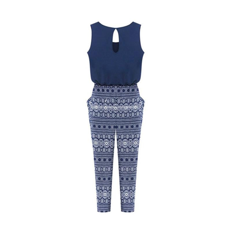 Women Print O-neck Sleeveless Jumpsuit Overalls Fashion Loose Slim Rompers Jumpsuits Playsuits