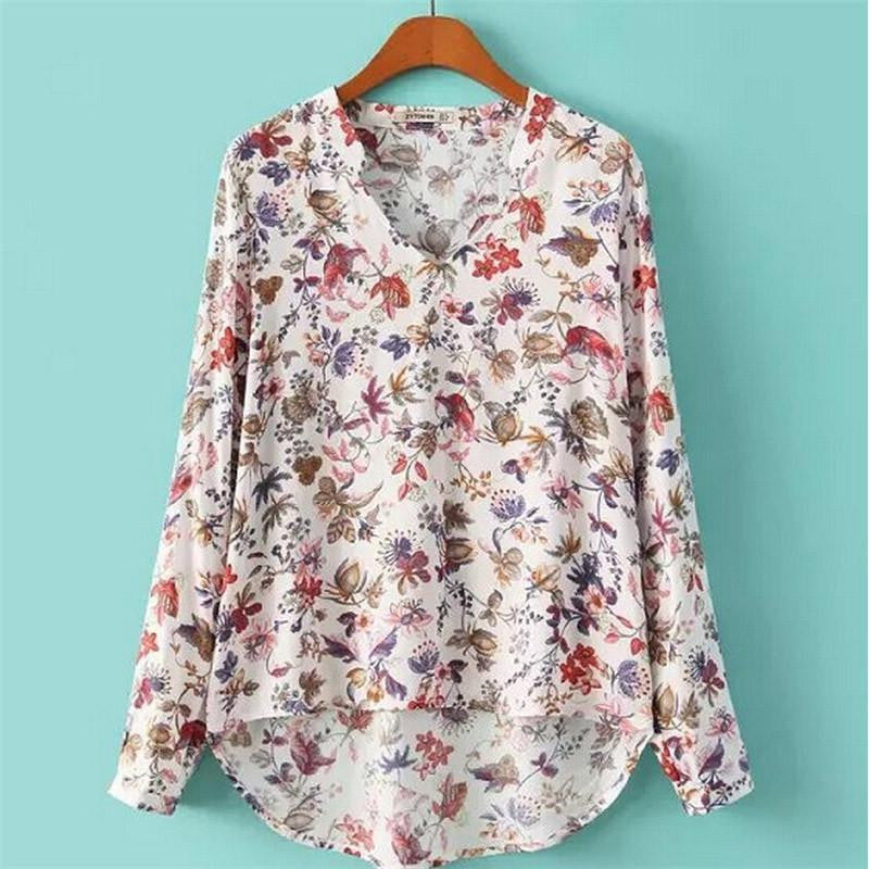 Women Clothing Fashion Loose Floral Print V Neck Women Tops Long Sleeve Casual Vintage Blouses Shirts Female