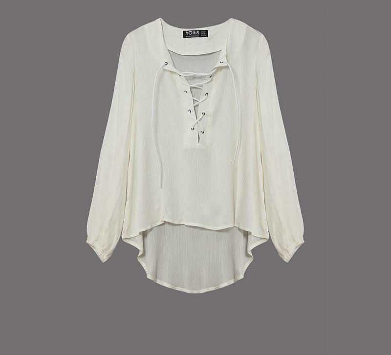 Online discount shop Australia - New Arrival Women Fashion White Lace Up V-neck Long Sleeve Blouse Tops Casual Loose Shirts