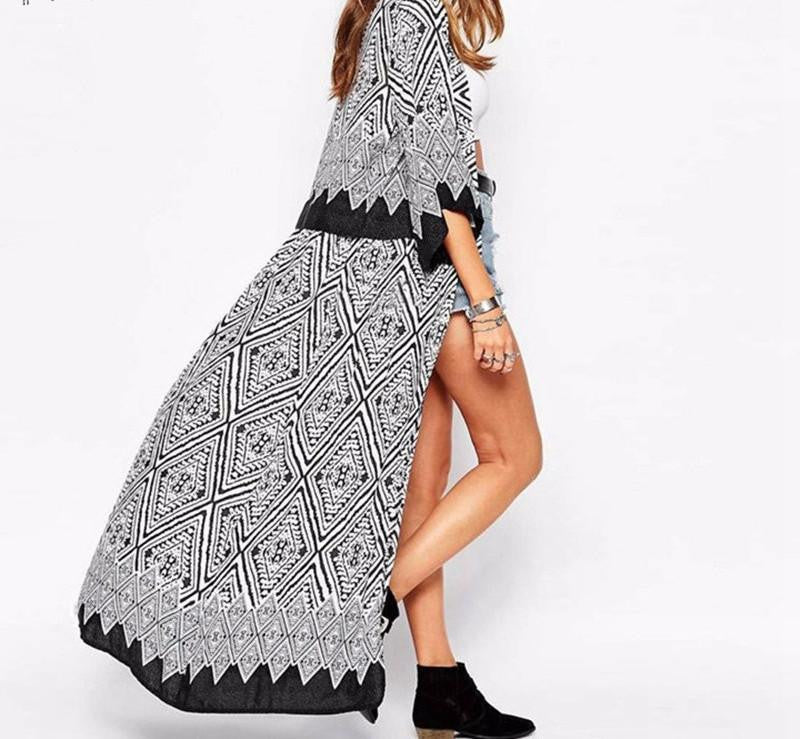 Women Printed Blouse Tops Loose Kimono Half Sleeve Long Cardigan Beach Cover-ups