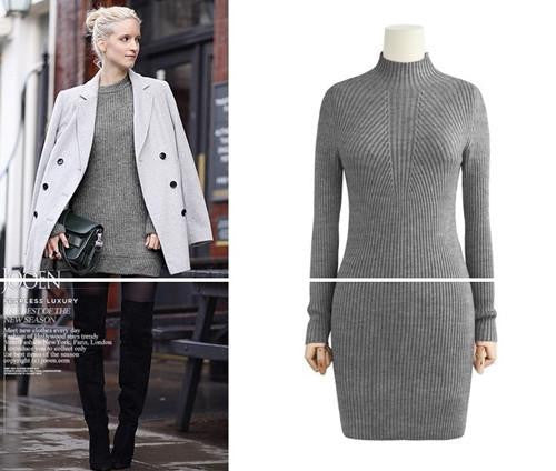 WomenCasual Dress Solid Semi Turtleneck Long Sleeve Thick Warm Bodycon Knitted Party Dress