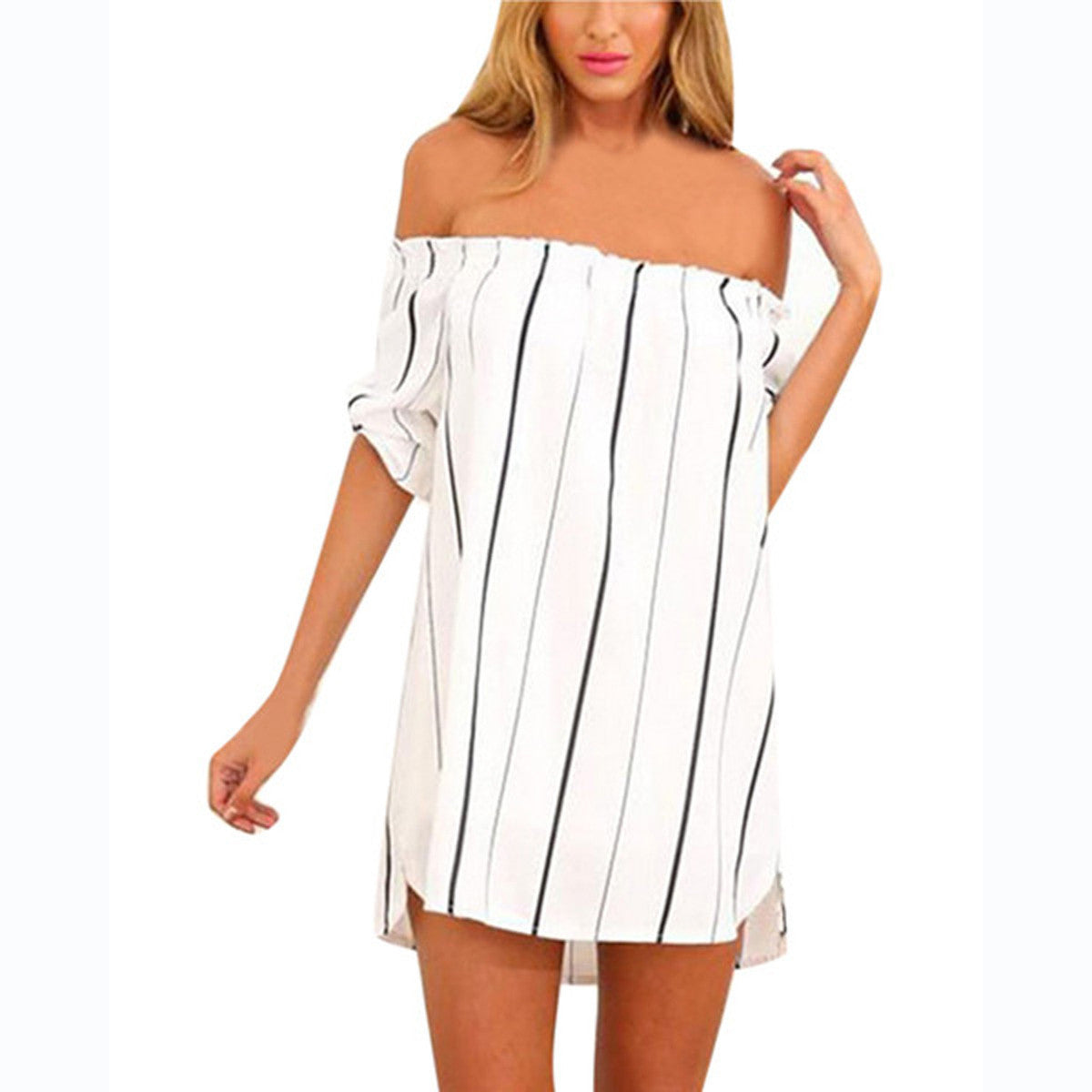 Online discount shop Australia - Fashion Sexy Women Lady Off Shoulder Striped Blouse Shirt Dress Casual Short Sleeve Loose Tops Plus Size