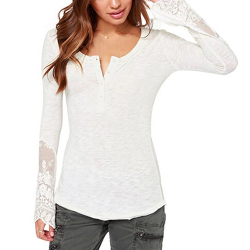 Online discount shop Australia - Women New Long Sleeve O-Neck Lace Patchwork Tops Ladies Sexy Casual Blouses Shirts Plus Size