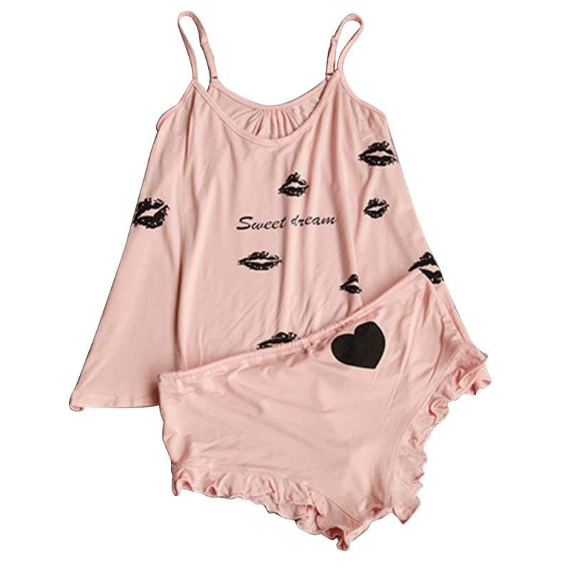 Women Sleepwear Letter Print Braces Shirts+Shorts Underwear Pajamas Set