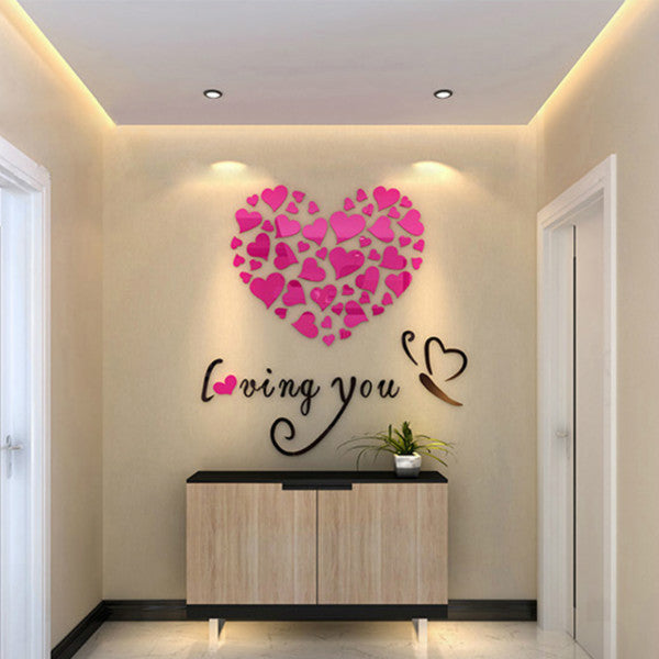 Romantic DIY Art 3D Acrylic Love Heart Wall Sticker Bedroom Living Room wedding decoration wall stickers muraux wallpaper Y3