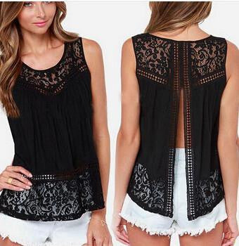 Women Chiffon Blouse Shirts Crochet Lace Vest Open Back Sleeveless Shirt Tank Tops S-4XL 1150C