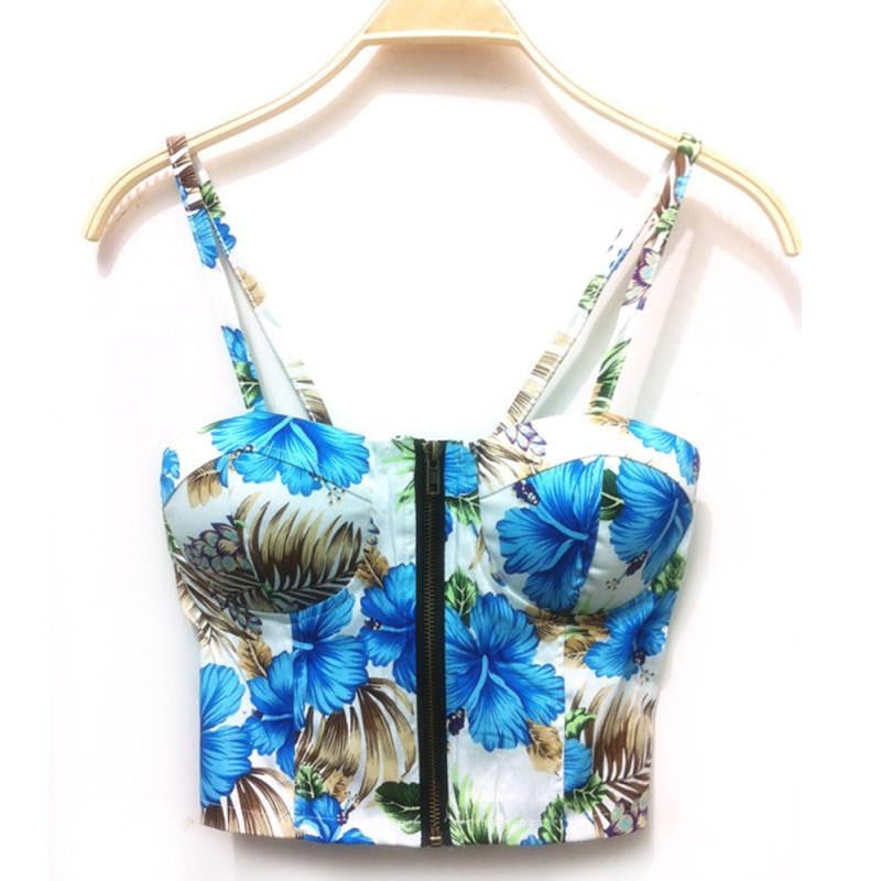 Women Vintage Zipper Bustier Floral Bra Sling Crop Tops Tank Top