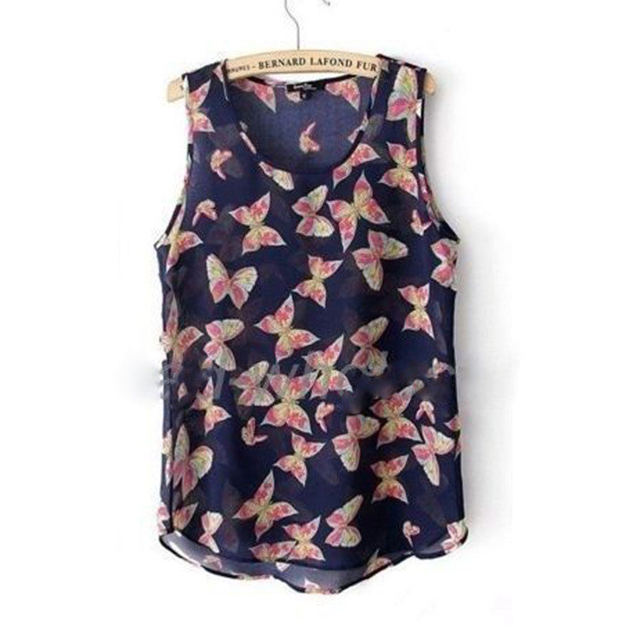 Fashion Plus Size Vest Women Butterfly Print Sleeveless O-neck Tank Top Chiffon Blouse T-Shirt