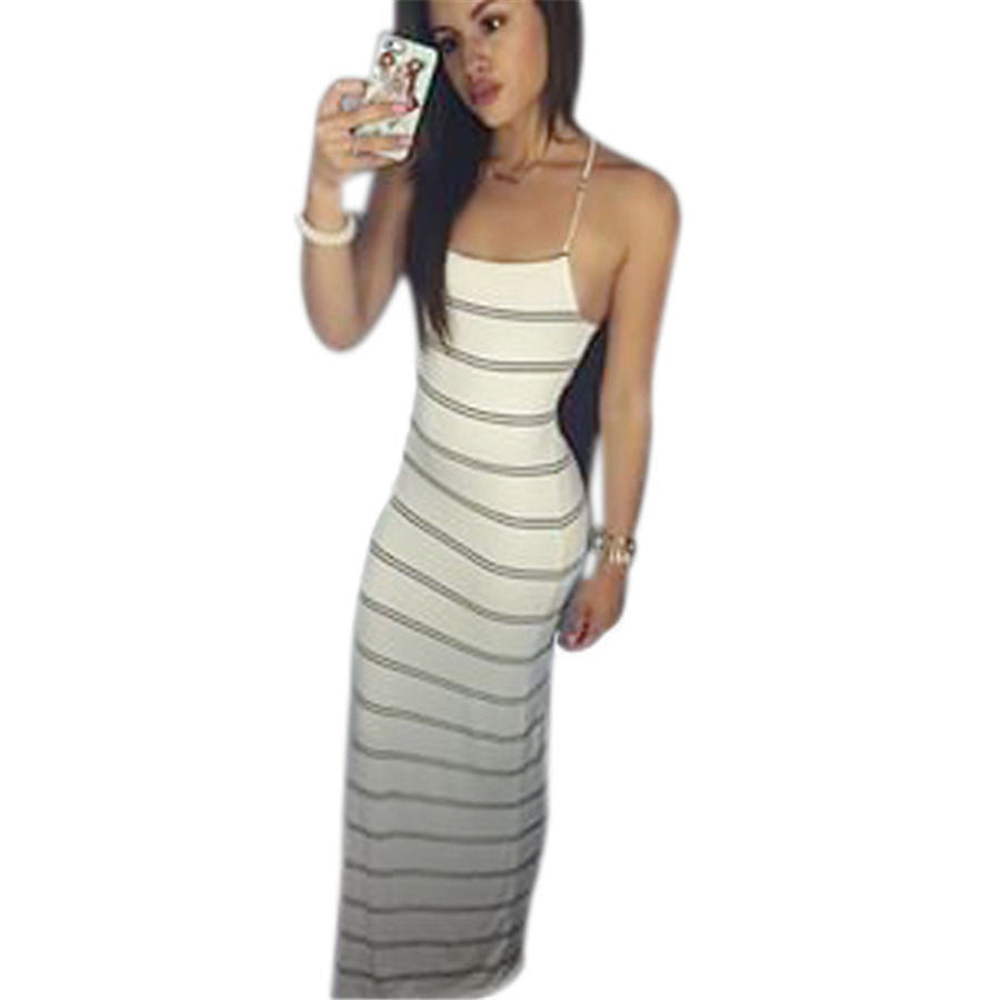 Online discount shop Australia - Fashion Dress Sexy Striped Bodycon Slim Dress Backless Sleeveless Casual Women Elegant Party Maxi Long Dresses