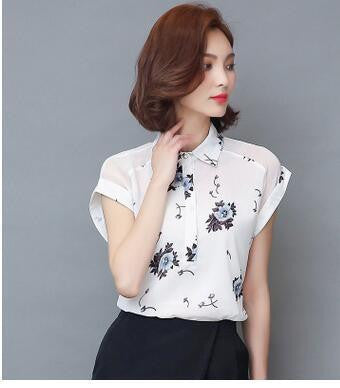 Women Plus Size Chiffon Blouses Lady Female Work Casual Short Sleeve Floral Printed Shirts Turn Down Collar