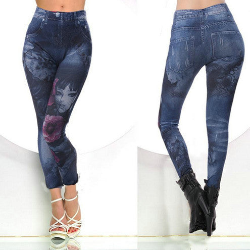 Fashion Printed Denim Leggings Punk Seamless Skinny Jeans Fitness Women Youth Slim Casual Pants