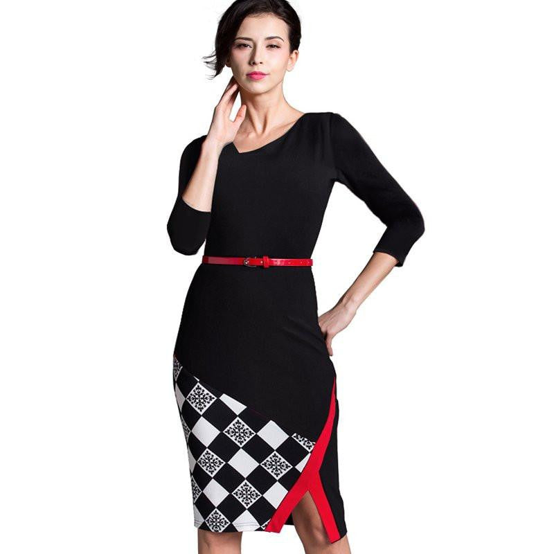 Summer Women Formal Work Knee-Length Belted Black Grid Casual Office Business Bodycon Elegant Pencil Dresses B290
