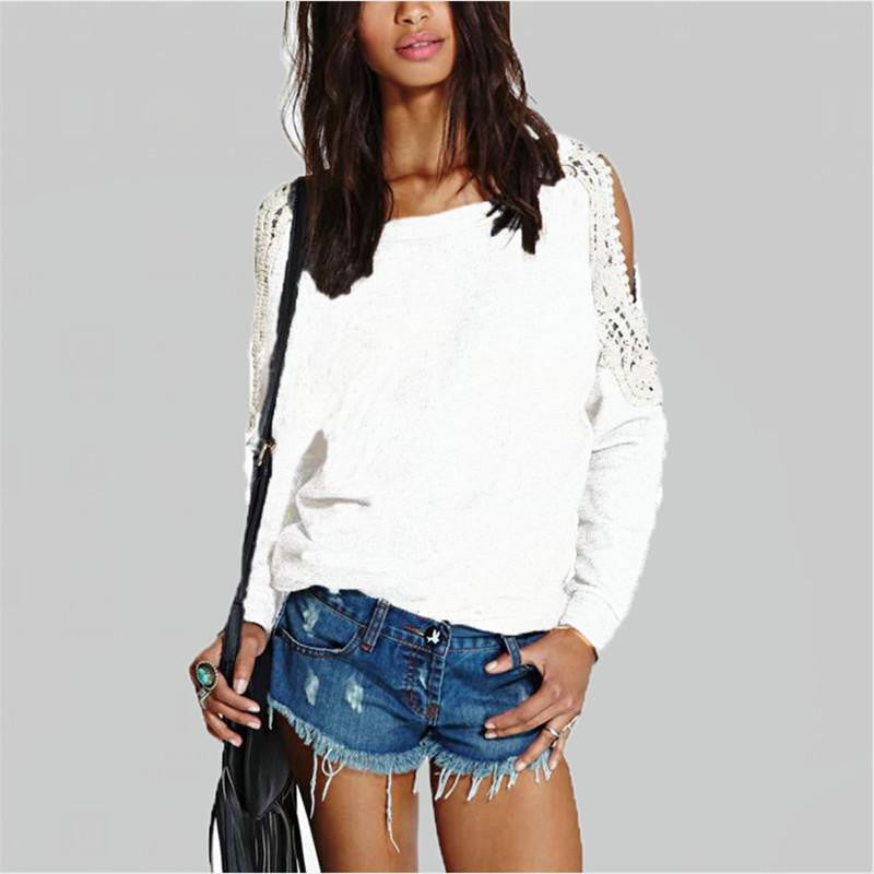 Women Casual Lace Crochet Splice Off Shoulder Long Sleeve Tops Hoodies Sweatshirt Plus Size