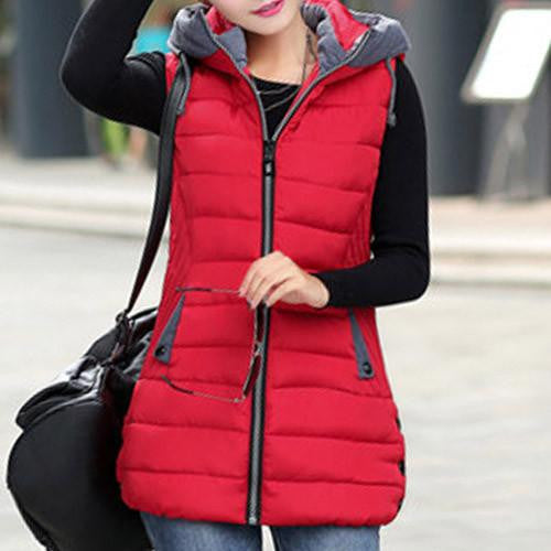 Warm Vest Women Long Hooded Waistcoat Pockets Patchwork Slim Coats Vests