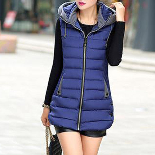 Warm Vest Women Long Hooded Waistcoat Pockets Patchwork Slim Coats Vests