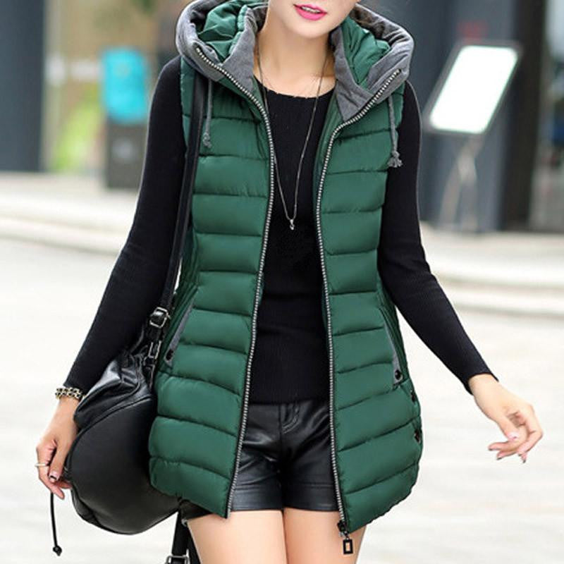 Warm Vest Women Long Hooded Waistcoat Pockets Patchwork Slim Coats Vests