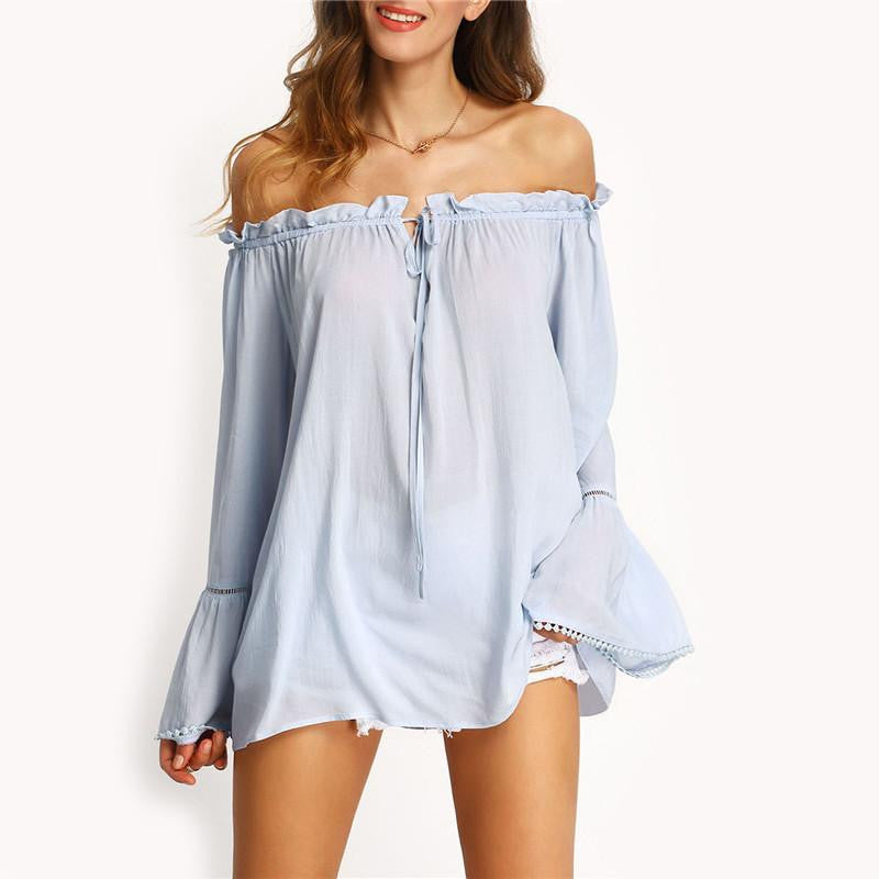 Women Cute Off The Shoulder Style Tops Casual Shirts Ladies Light Blue Bell Long Sleeve Blouse