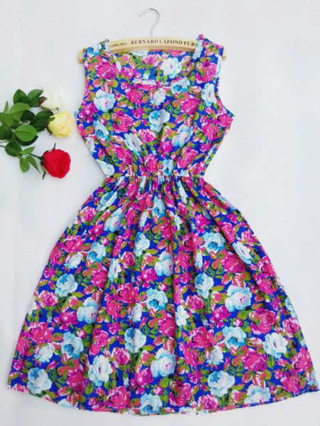 Women Casual Print Sleeveless Dress Chiffon stripe / floral print Elastic Waist Bohemian Beach Dresses