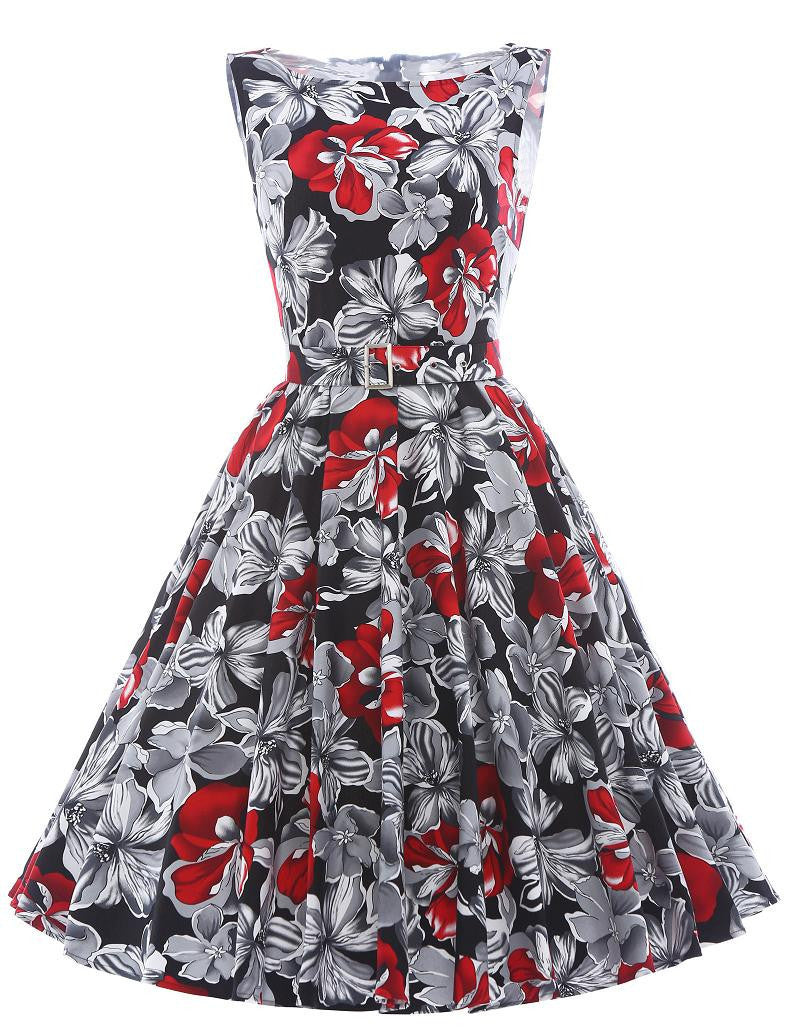 Print floral 50s 60s Vintage dresses Audrey Hepburn Sleeveless style summer retro dress Vestidos robe womens clothing