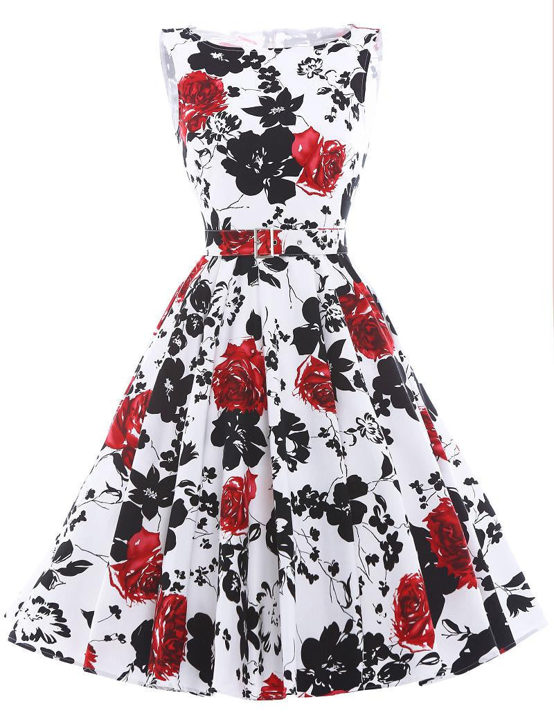 Print floral 50s 60s Vintage dresses Audrey Hepburn Sleeveless style summer retro dress Vestidos robe womens clothing