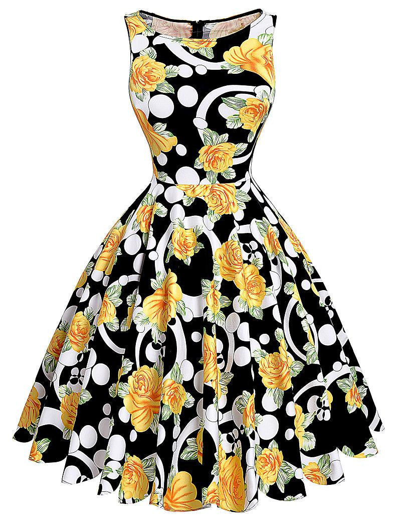 Print floral 50s 60s Vintage dresses Audrey Hepburn Sleeveless style summer retro dress Vestidos robe womens clothing