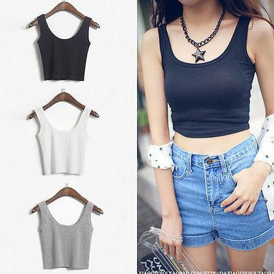 WOMEN'S Ladies SCOOP NECK CROPPED BELLY TOP SLEEVELESS FITTED TEE STRETCHY