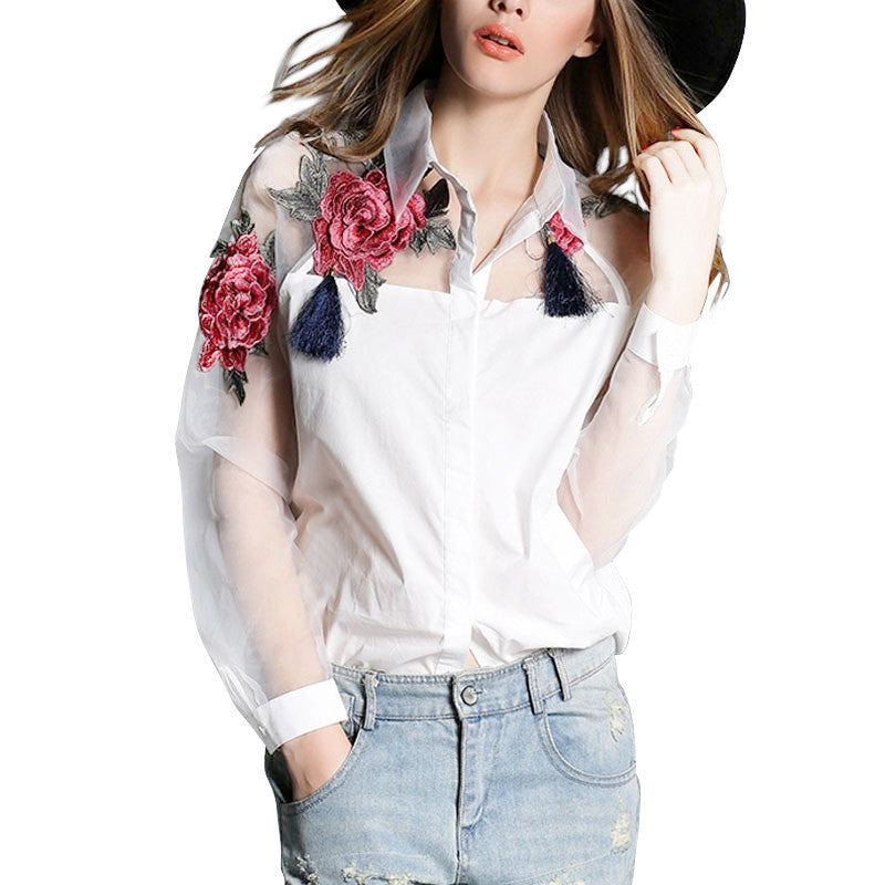 Online discount shop Australia - Fashion Elegant Women Blouse Flower Embroidery Vintage Shirts Organza Sleeve Tops Plus Size S-3XL