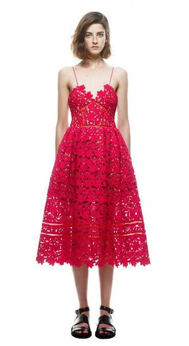 Online discount shop Australia - Handmade White/Red Sexy Deep V-neck Flower Lace Dress Runway Elegant Dresses Hollow Out Long Dress Shoulder-Straps