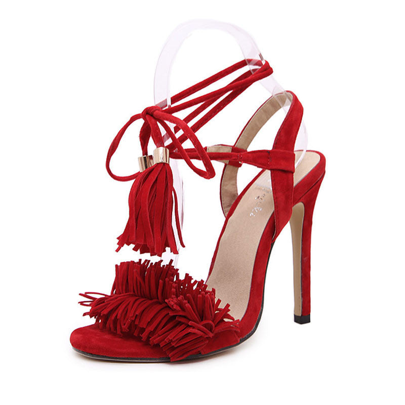 Women Shoes Gladiator High Heel Sandals Fashion Brand Tassels Sandlias Blue Red Ladies Shoes size 35-40 Z1216